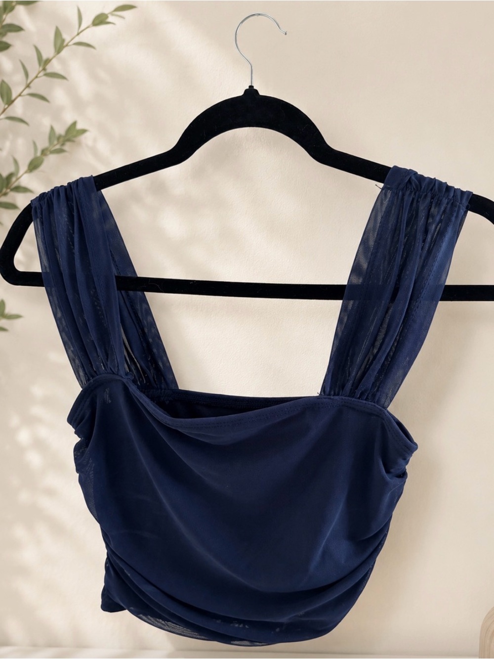 SHEIN Navy Blue Mesh Ruched Crop Top | Size S